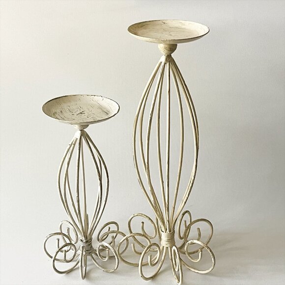 French Country Metal Candle Holders Cream Gold Distressed 10" 14" Tall Set of 2 - Picture 1 of 5